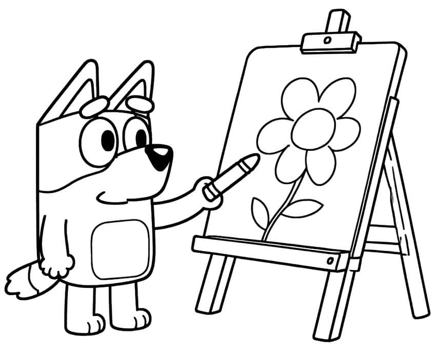 Pup with a crayon beside an easel showing a five-petal flower with two leaves