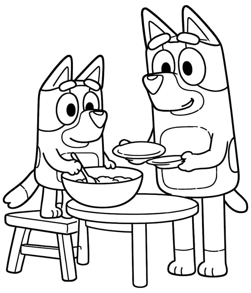 Small pup on a stool stirring a bowl, taller pup holding two plates beside a round table