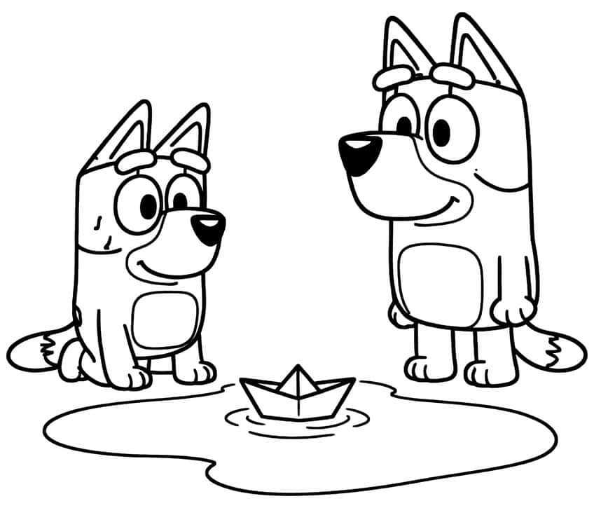 Two cartoon pups beside a puddle with a floating paper boat and ripples