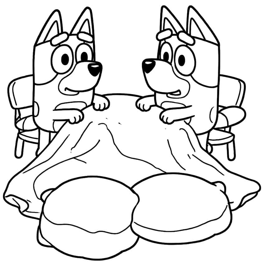 Two cartoon pups on chairs behind a draped blanket with two round cushions in front
