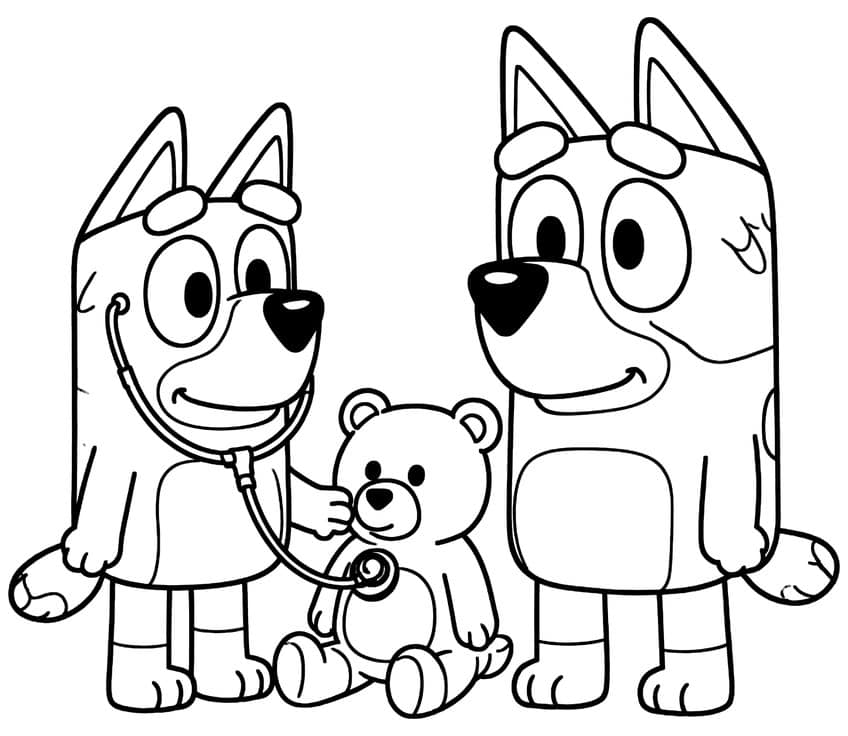 Two Bluey pups and a sitting teddy bear, one pup listening to the bear with a stethoscope