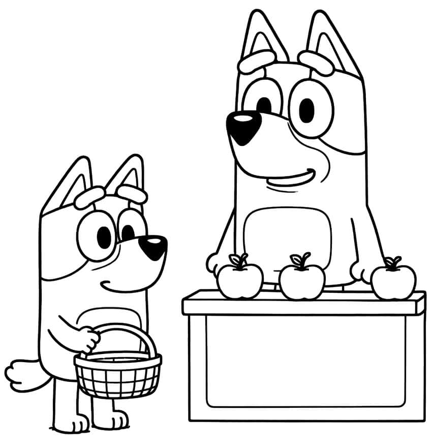 Small pup with a basket facing a tall pup behind a counter with three apples