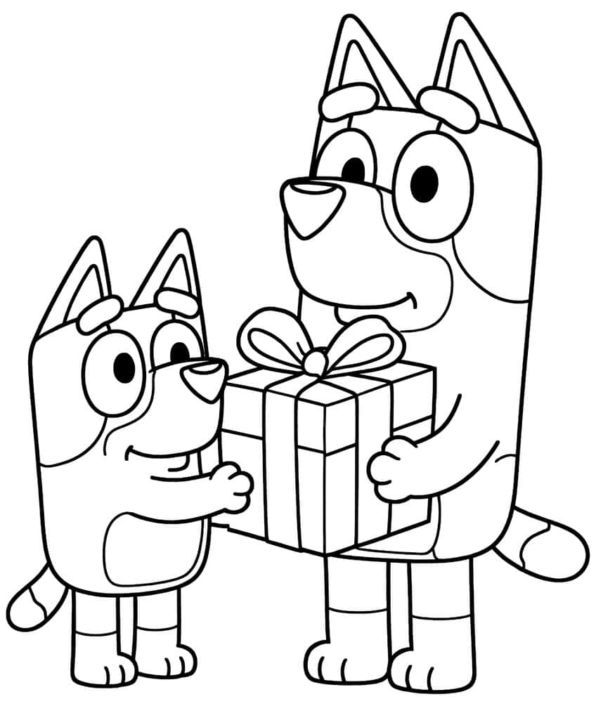 Two cartoon pups holding a gift box with ribbon and bow