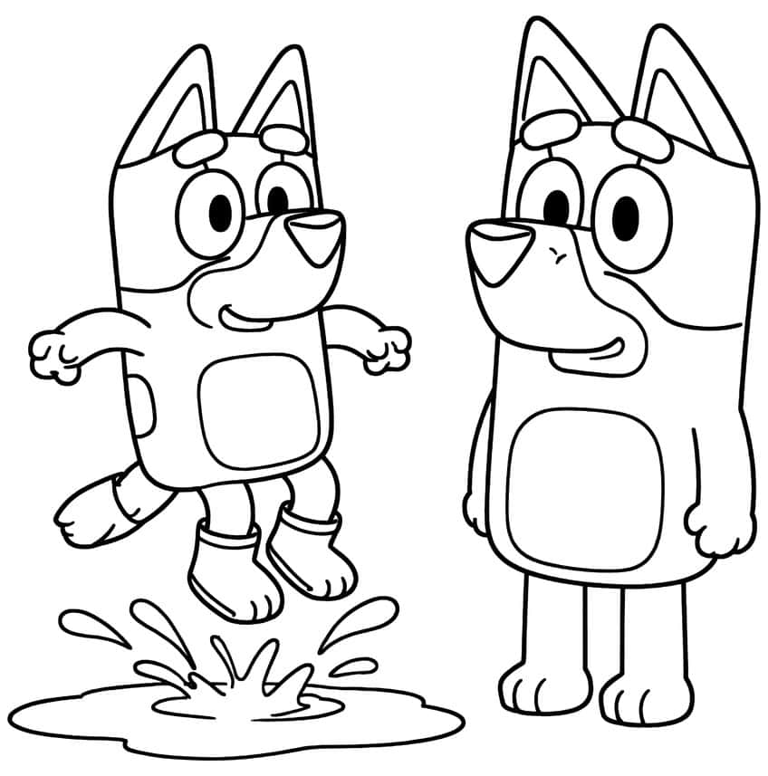 Two cartoon pups, one jumping in rain boots over a splashing puddle, the other standing beside it