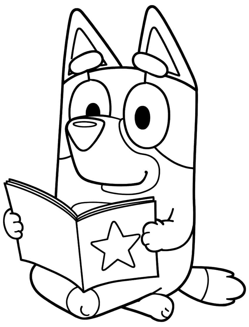 Cartoon pup sitting and reading an open book with a star, tall ears, big eyes and a bushy tail