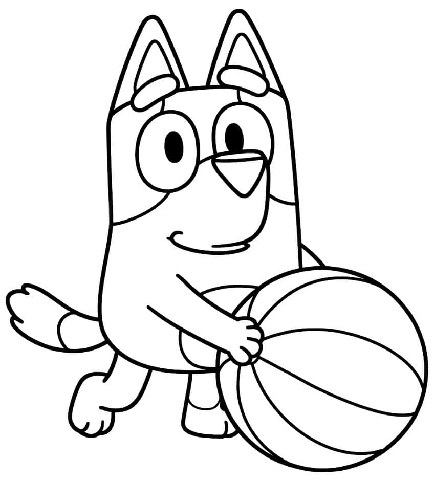 Cartoon pup with pointed ears and big eyes holding a large panelled beach ball, tail out to the left