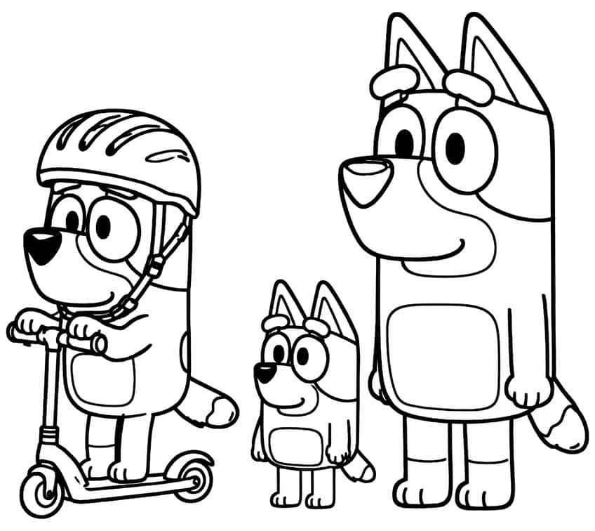 Pup in helmet on a kick scooter beside a small pup and a tall pup, all standing