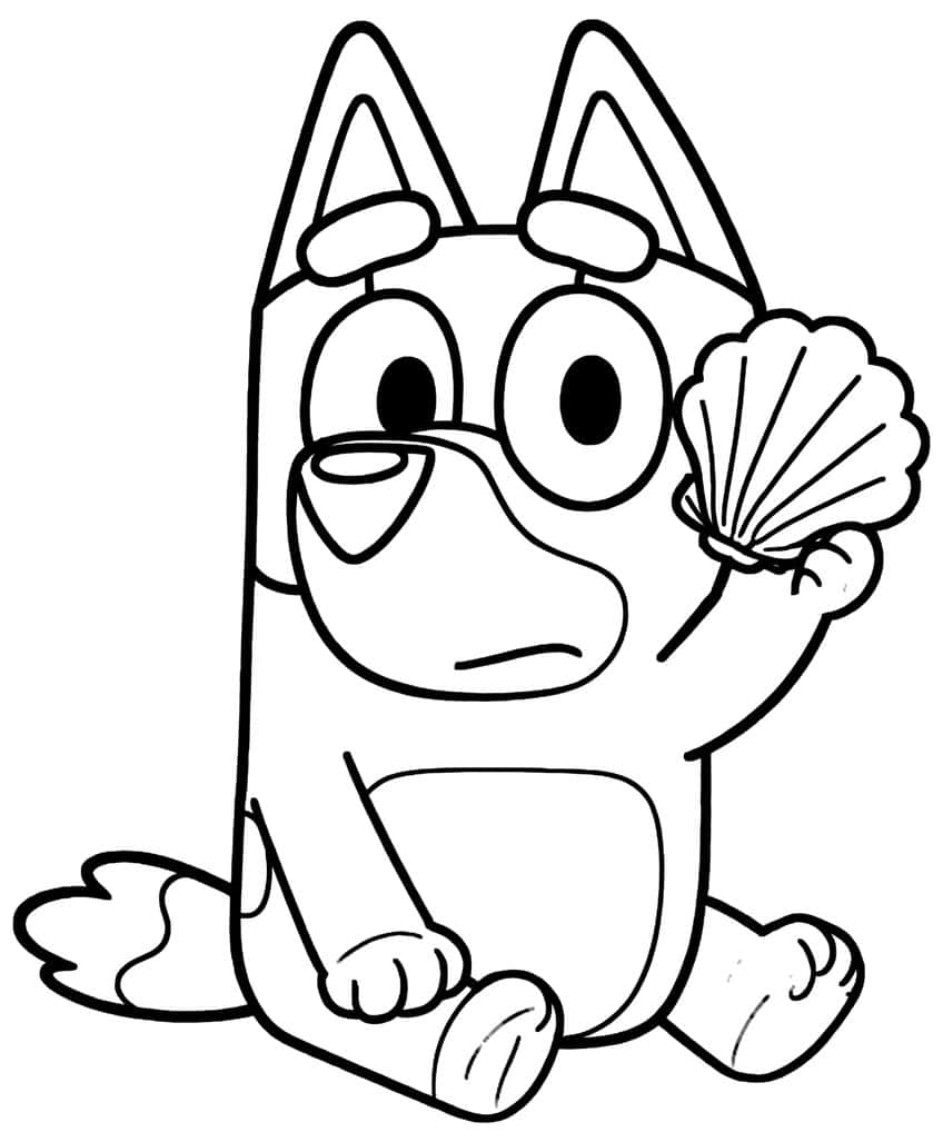 Sitting cartoon pup with big eyes holding up a ribbed scallop shell, tail on the ground