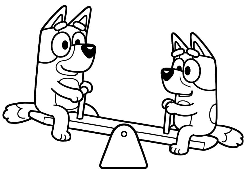 Two cartoon pups sitting on a seesaw with handle bars, tails curled out, on a triangular stand