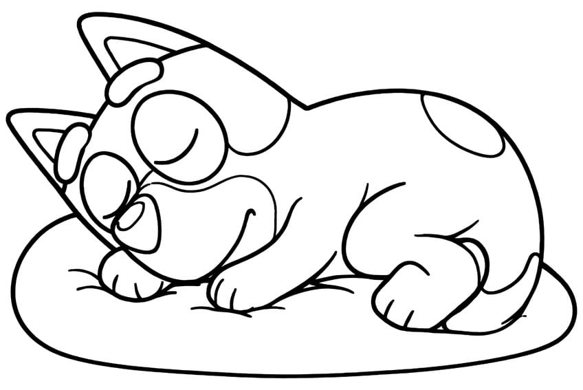 Sleeping cartoon pup with pointed ears and closed eyes curled up on an oval cushion