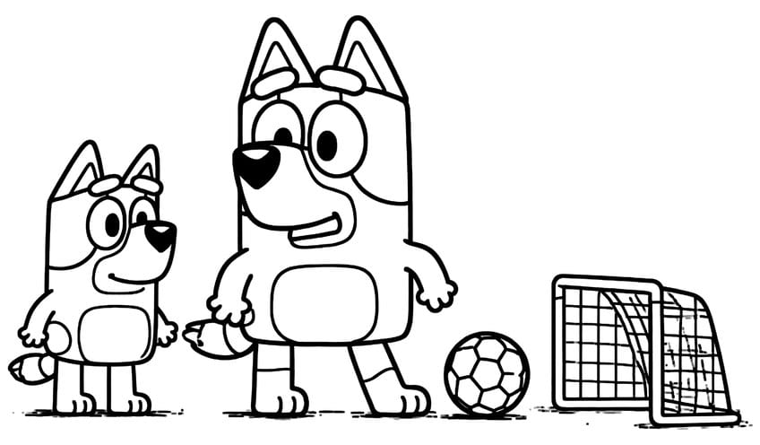 Two cartoon pups, a soccer ball with pentagon panels and a small net goal