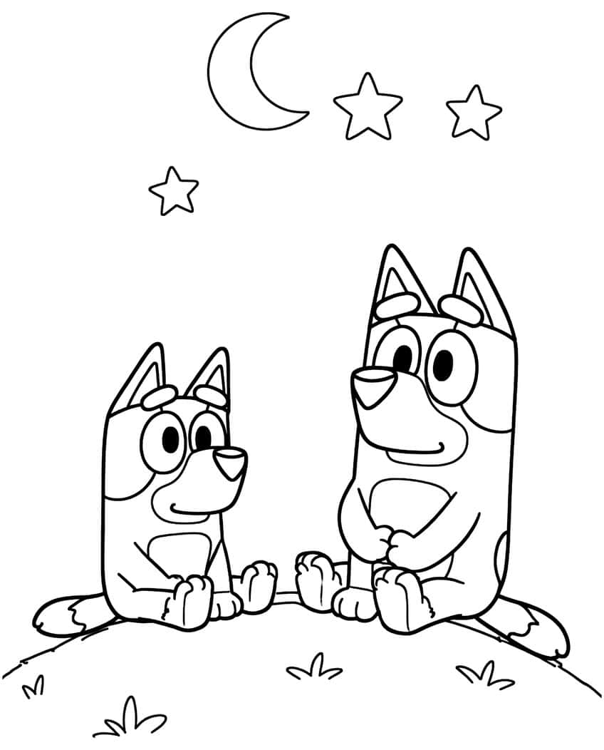 Two sitting pups on a grassy hill under a crescent moon and three stars