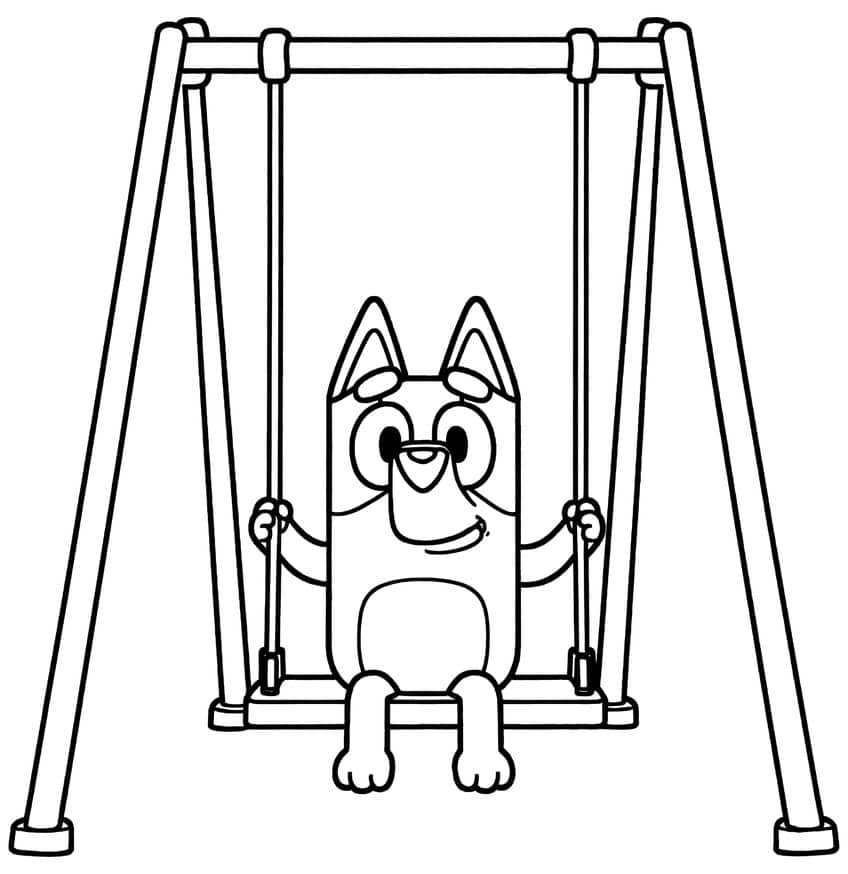 Smiling pup sitting on a swing in a tall A-frame swing set, holding the chains