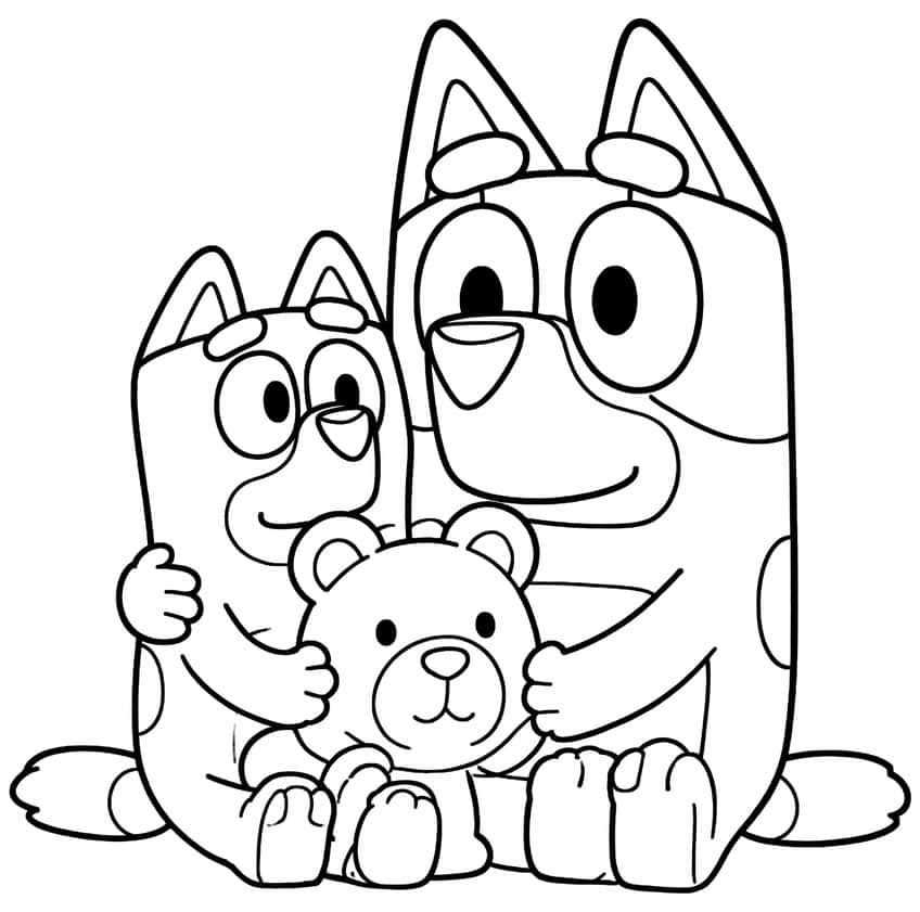 Two cartoon pups sitting and hugging a smiling teddy bear between them