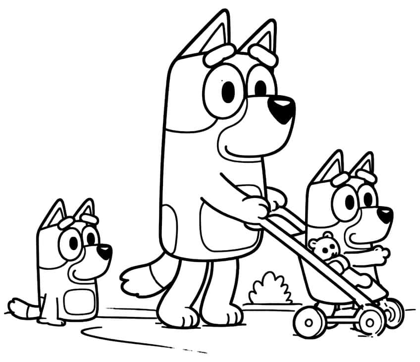 Tall pup pushing a stroller with a teddy bear, a smaller pup beside it, a third pup sitting, and a bush