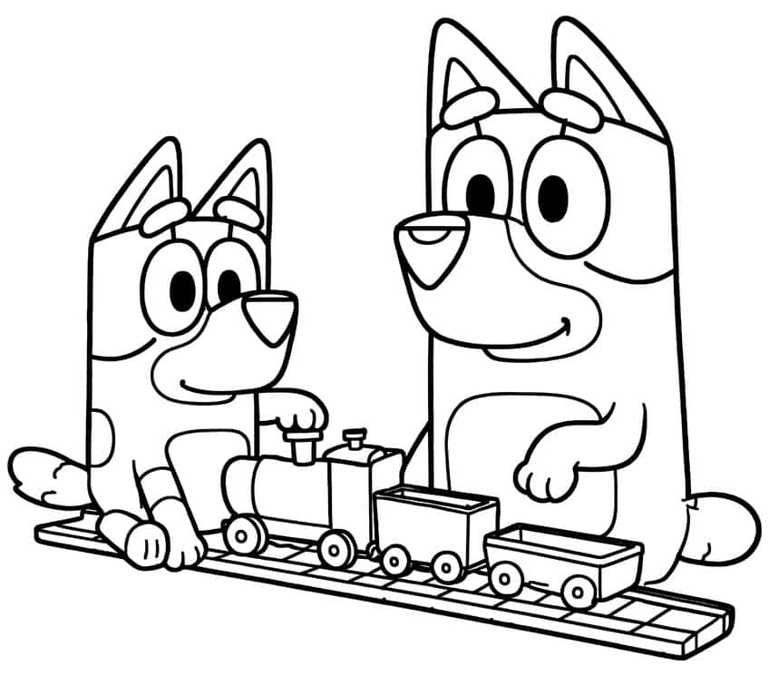 Two cartoon pups sitting beside a toy steam train with two wagons on a short railway track