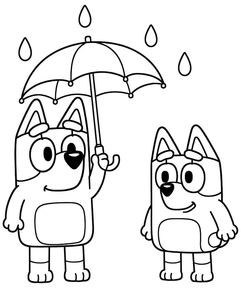 Two cartoon pups, one holding an open umbrella, with five raindrops falling around them