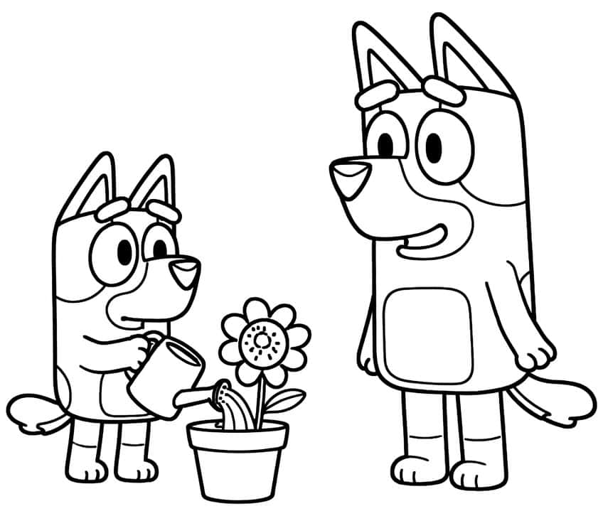 Small pup with a watering can, a daisy in a pot and a taller pup watching