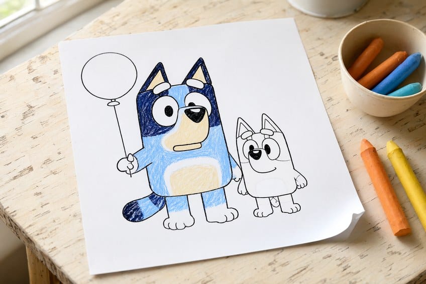 bluey coloring page partly colored in with pencils