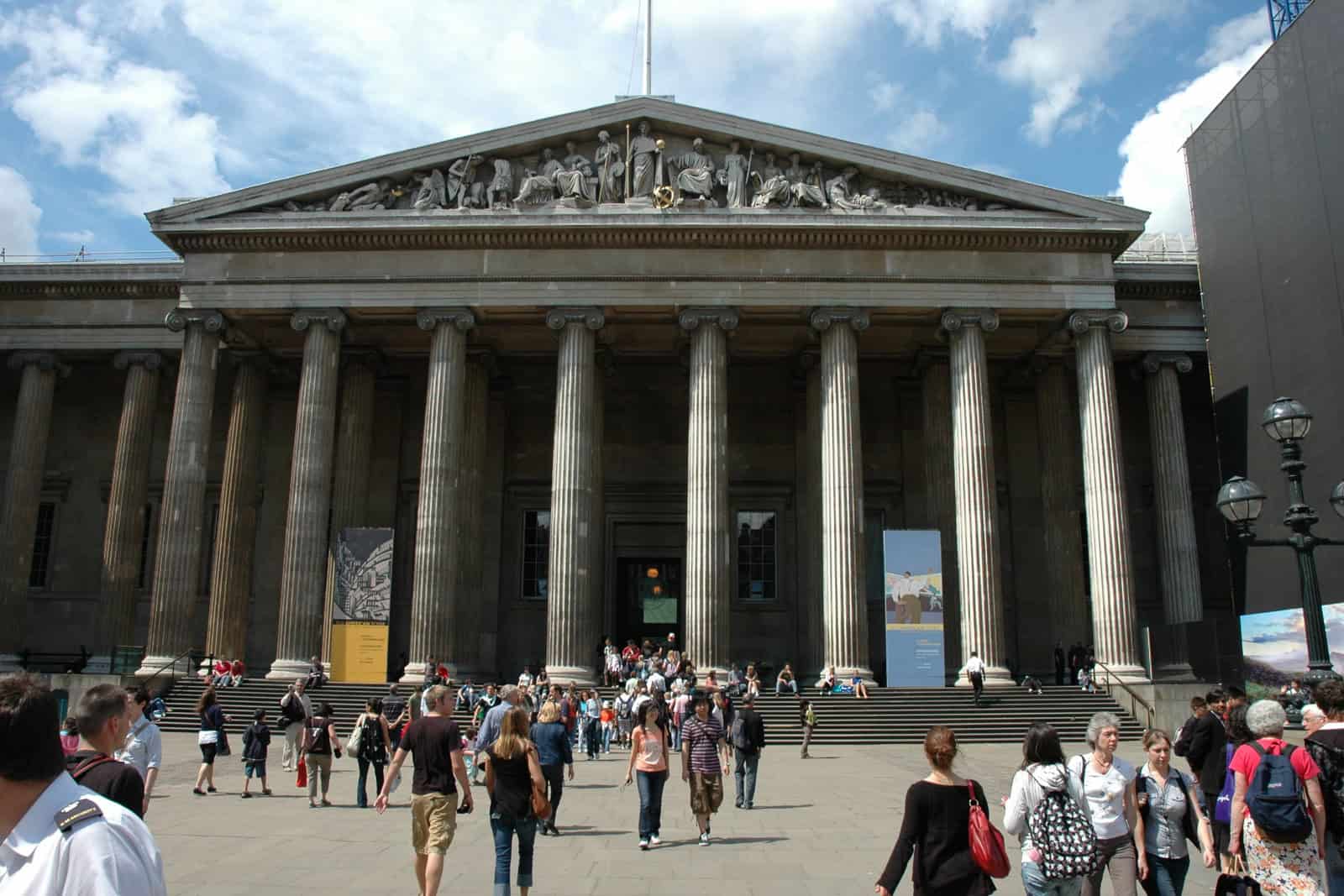Columned main façade and entrance of the British Museum in London.