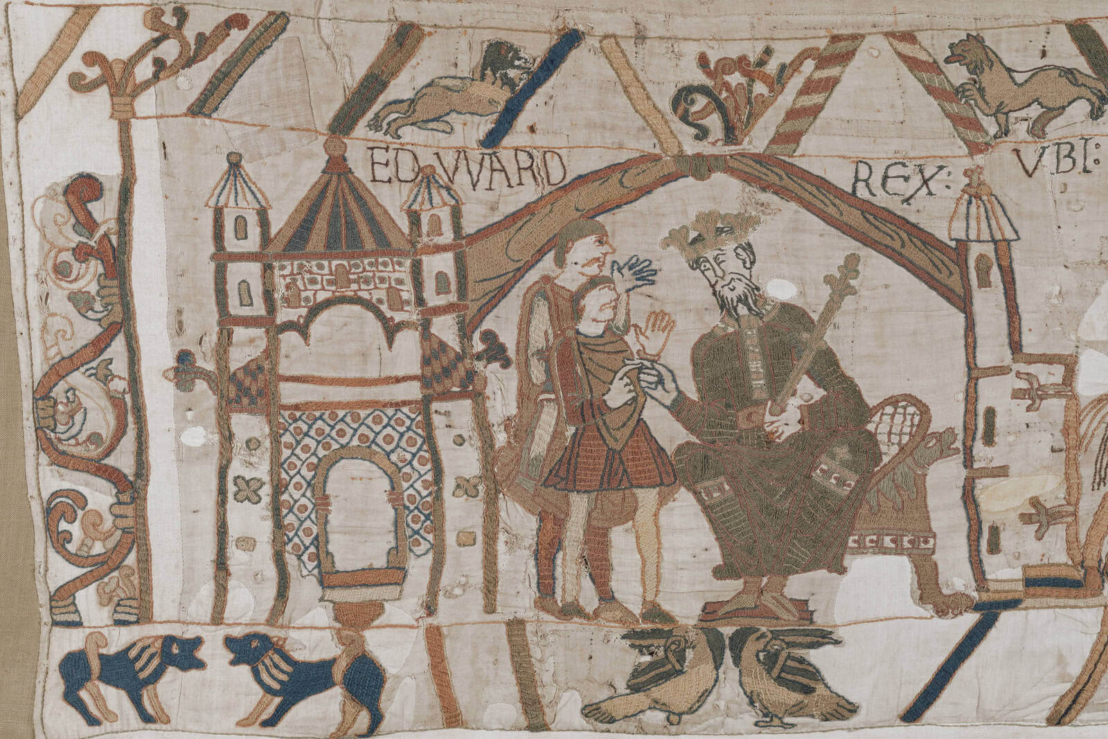 The opening scene of the Bayeux Tapestry shows Edward the Confessor seated beneath embroidered arches.