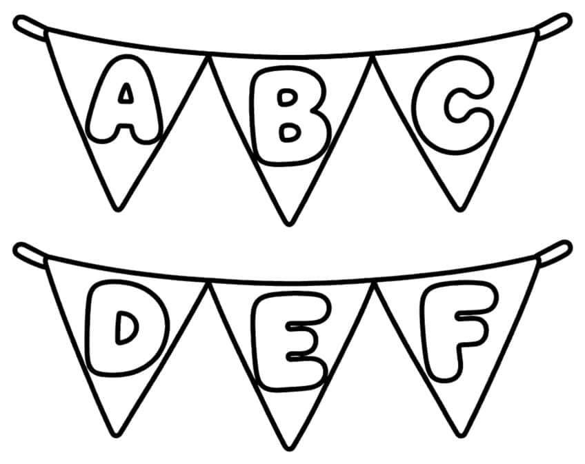 Two bunting strings with triangular flags carrying bubble letters A, B, C and D, E, F