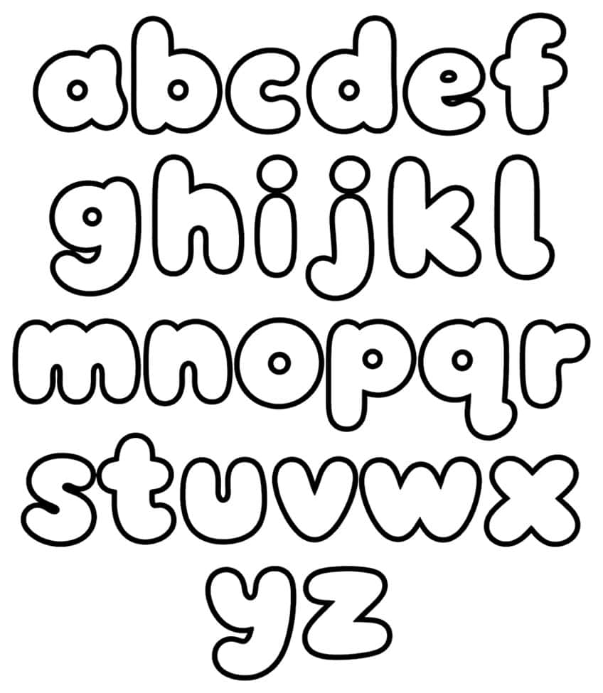 Chart of all 26 lowercase bubble letters a to z in five rows, drawn as thick rounded outlines
