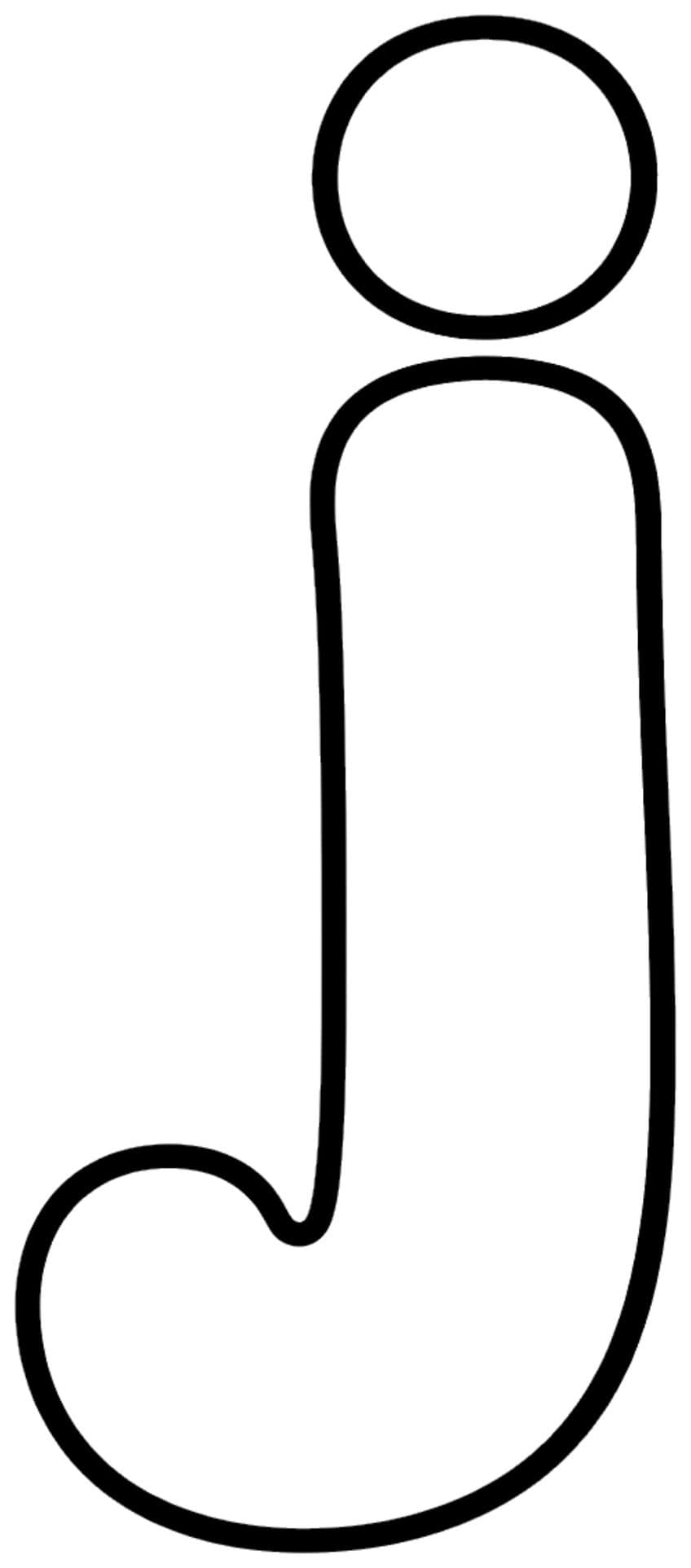 Outlined lowercase bubble letter j with a round dot above a thick stem and a curved hook at the bottom left