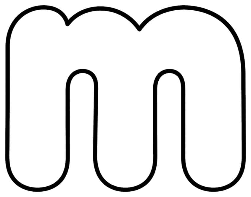 Lowercase bubble letter m with three rounded legs and two arches in a thick black outline