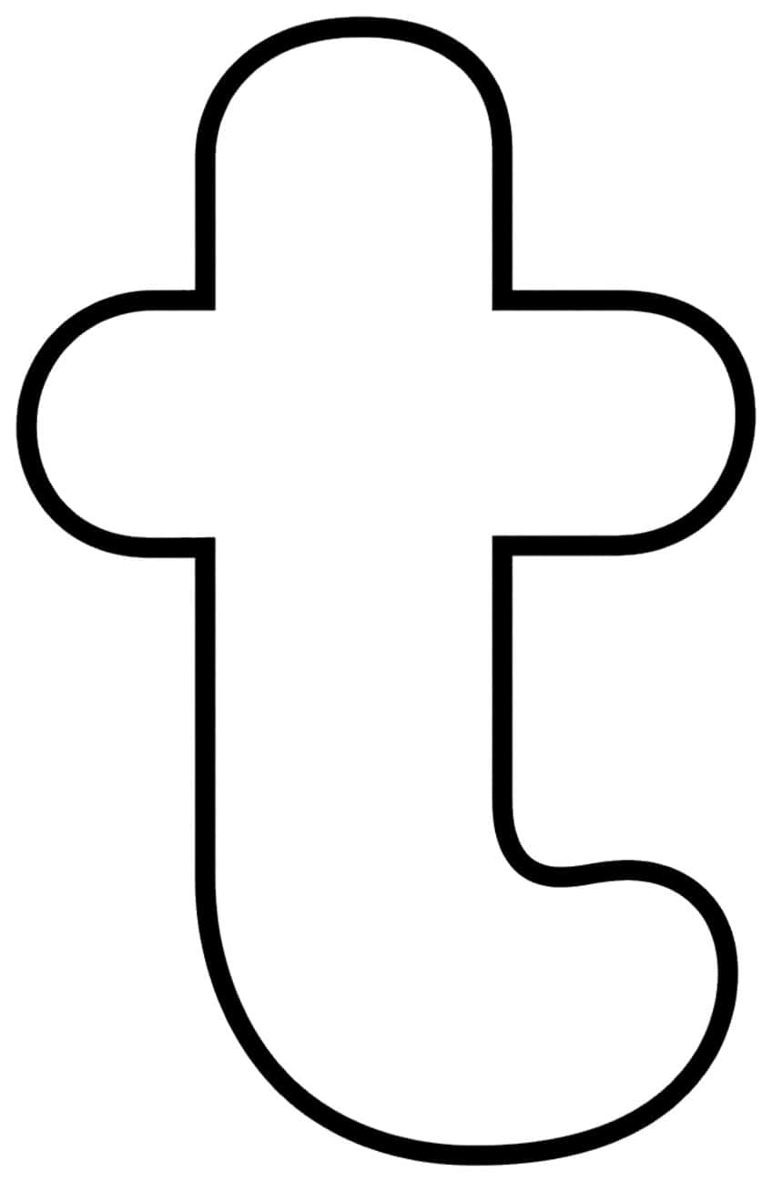 Black outline of a lowercase bubble letter t with a rounded crossbar and curved foot