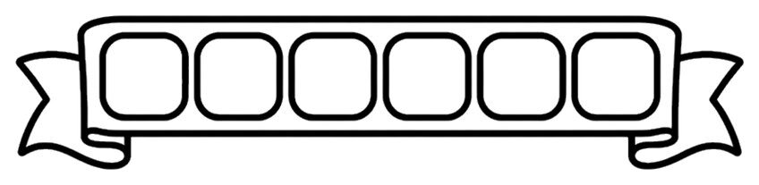 Ribbon banner with folded tails and six empty rounded square boxes in a row