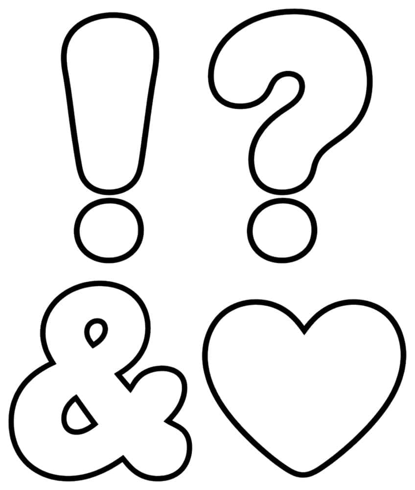 Bubble-outline exclamation mark, question mark, ampersand with two small holes, and a heart