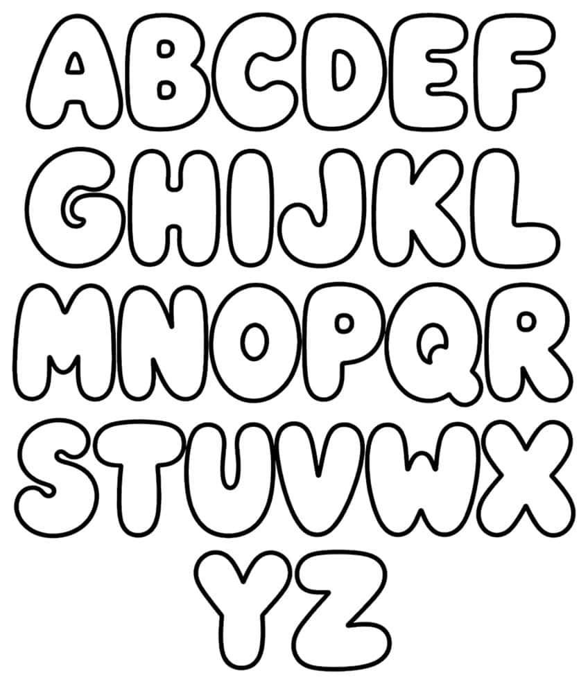 Full A to Z alphabet in outlined bubble letters, five rows with Y and Z centered at the bottom