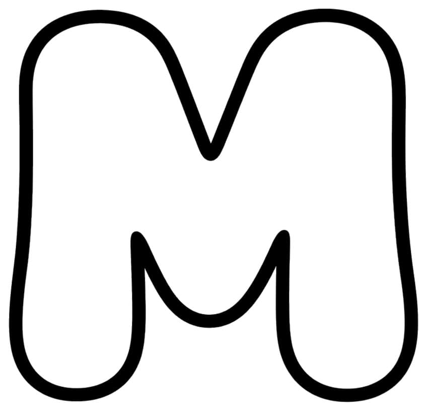 Black outline of a plump uppercase bubble letter M with rounded tops and a V-shaped notch