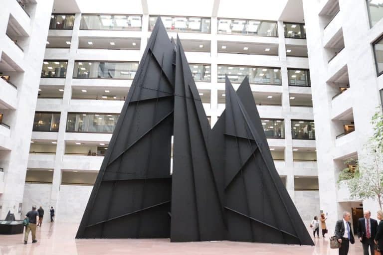 Alexander Calder’s black steel Mountains rise through the white Hart Senate atrium in 2020, without the suspended Clouds.