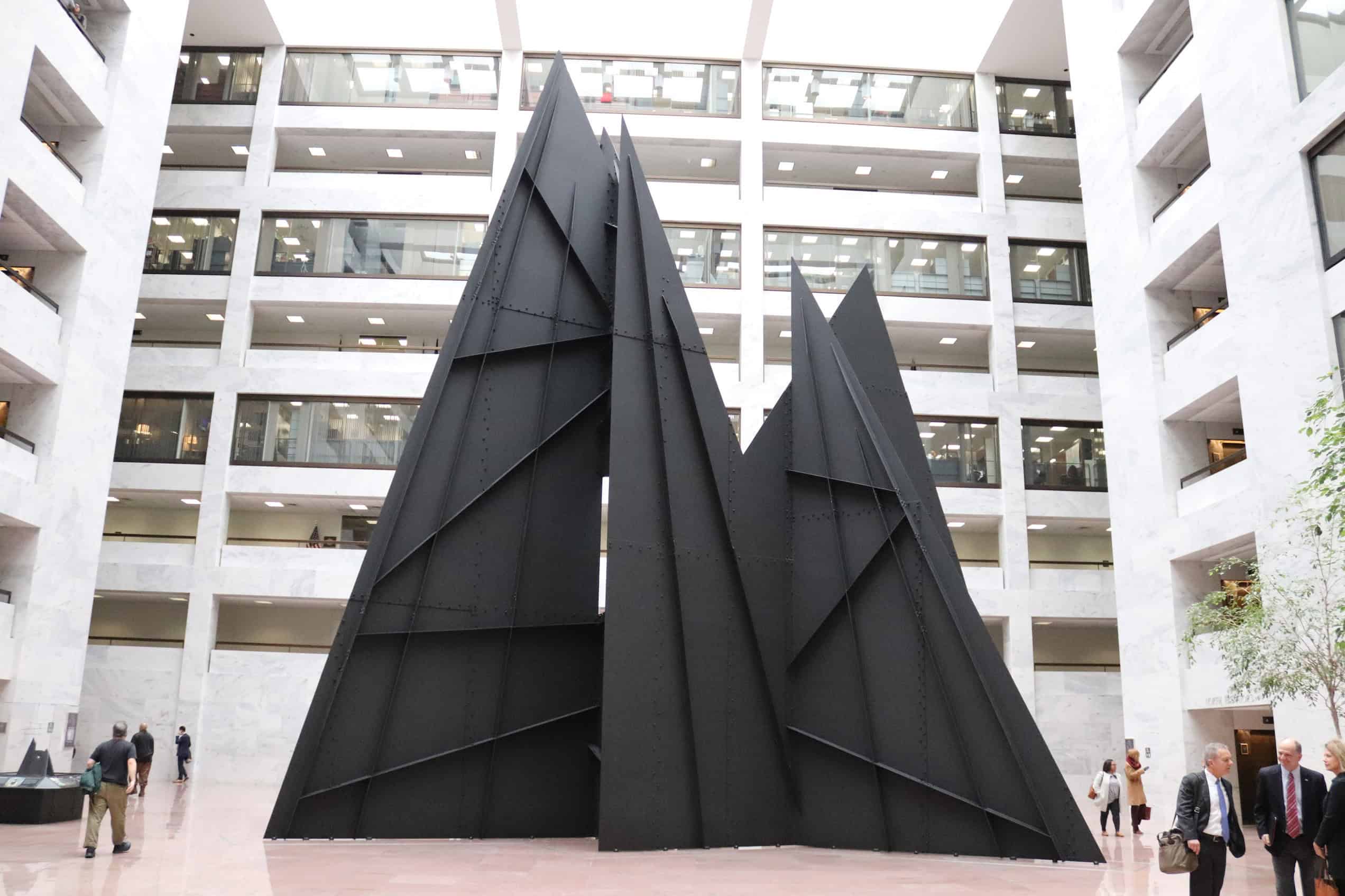 Alexander Calder’s black steel Mountains rise through the white Hart Senate atrium in 2020, without the suspended Clouds.