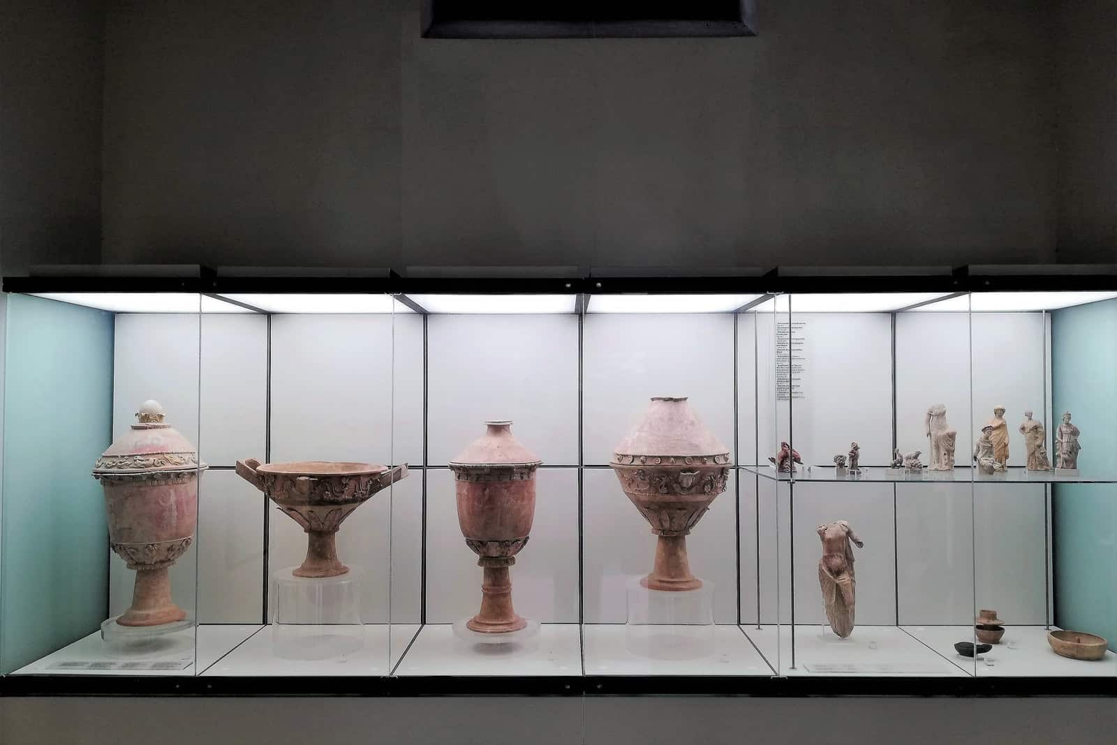 Centuripe pottery appears in a museum display at Palermo’s regional archaeological museum.