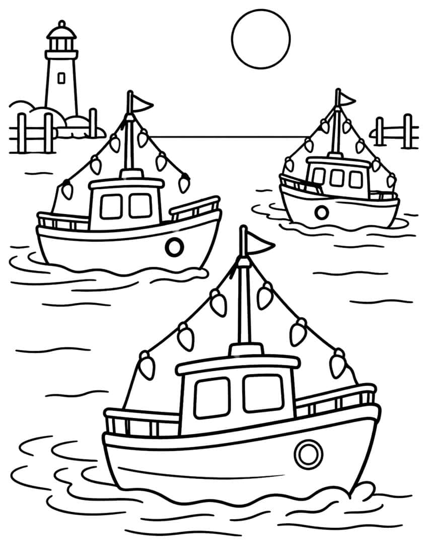 Three cabin boats with bulb strands and flags, a lighthouse, a fence and a sun over wavy water
