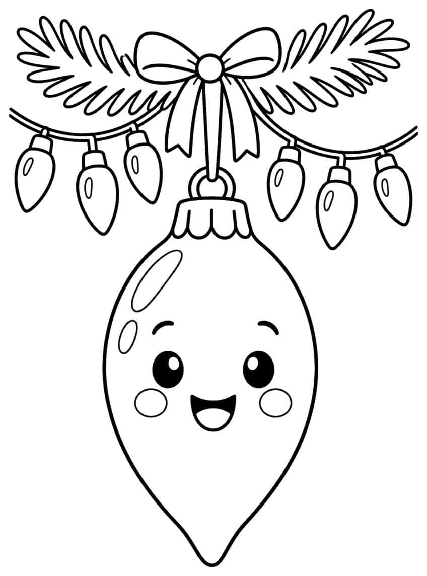 Smiling teardrop ornament hanging from a bow and fir sprigs, with six pointed light bulbs on a wire