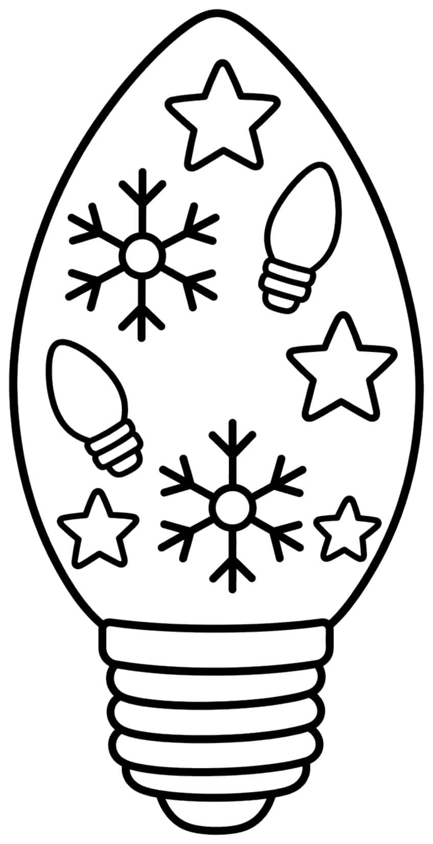Large pointed Christmas bulb outline holding two snowflakes, two small bulbs and four stars