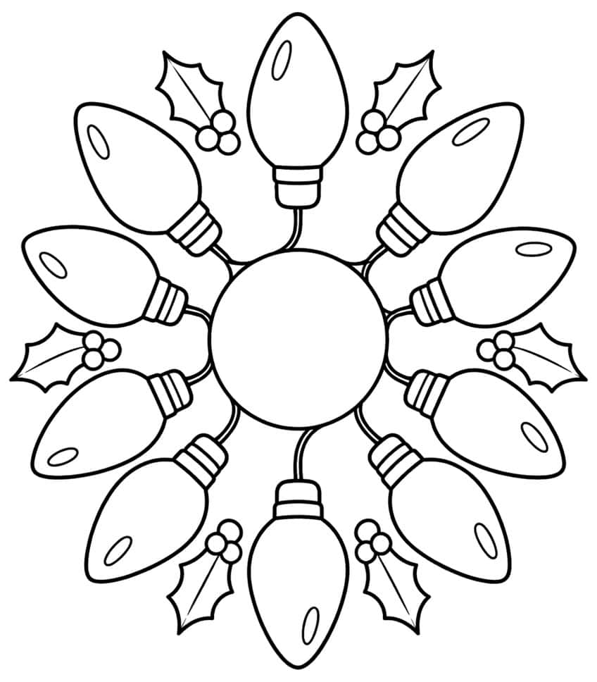 Ring of ten Christmas bulbs around an empty circle with six holly leaves and berries