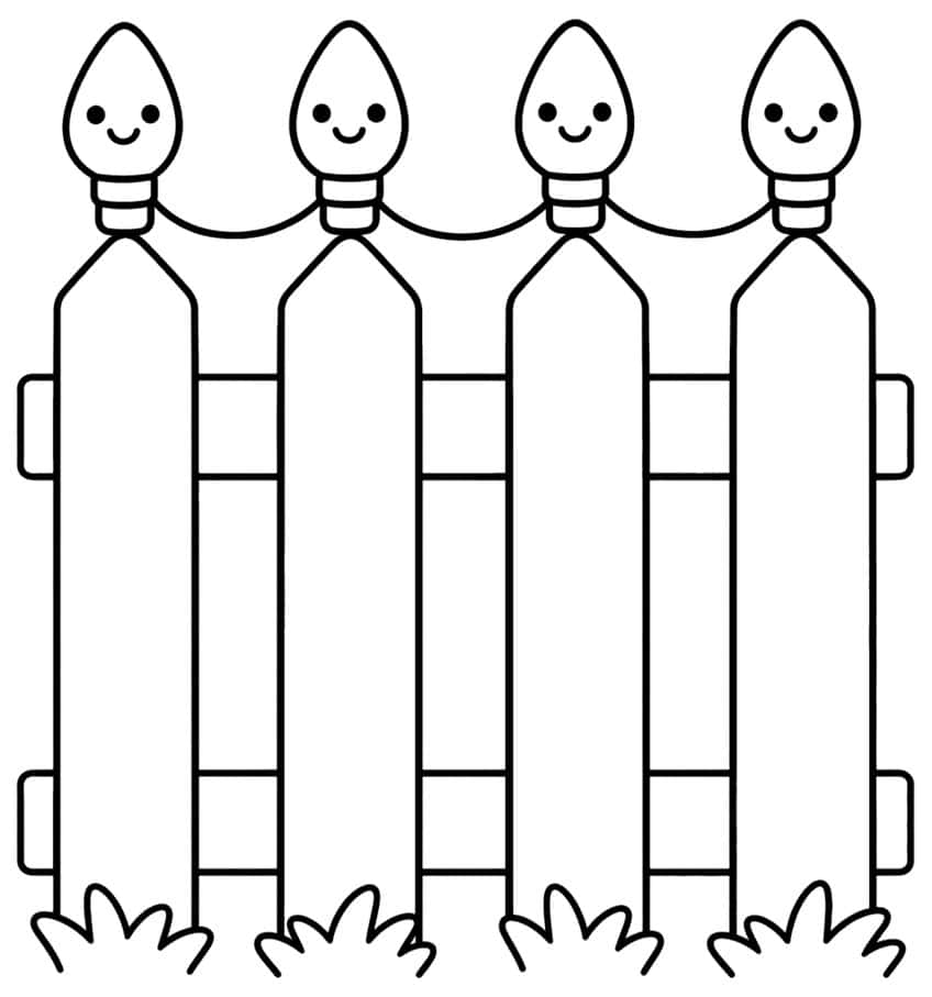 Four smiling Christmas bulbs on picket fence posts joined by a wire, with grass tufts