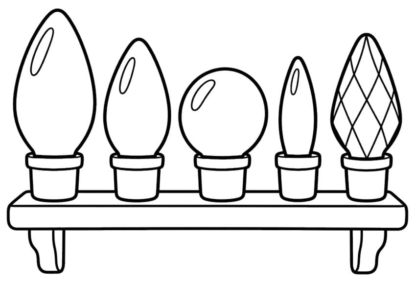 Five different Christmas bulbs in sockets on a wooden shelf with brackets