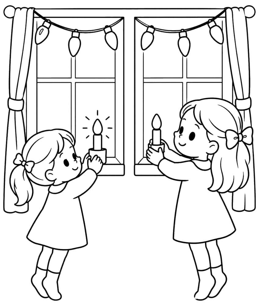 Two girls with hair bows put candles on a window sill under a string of bulbs, with curtains at the sides