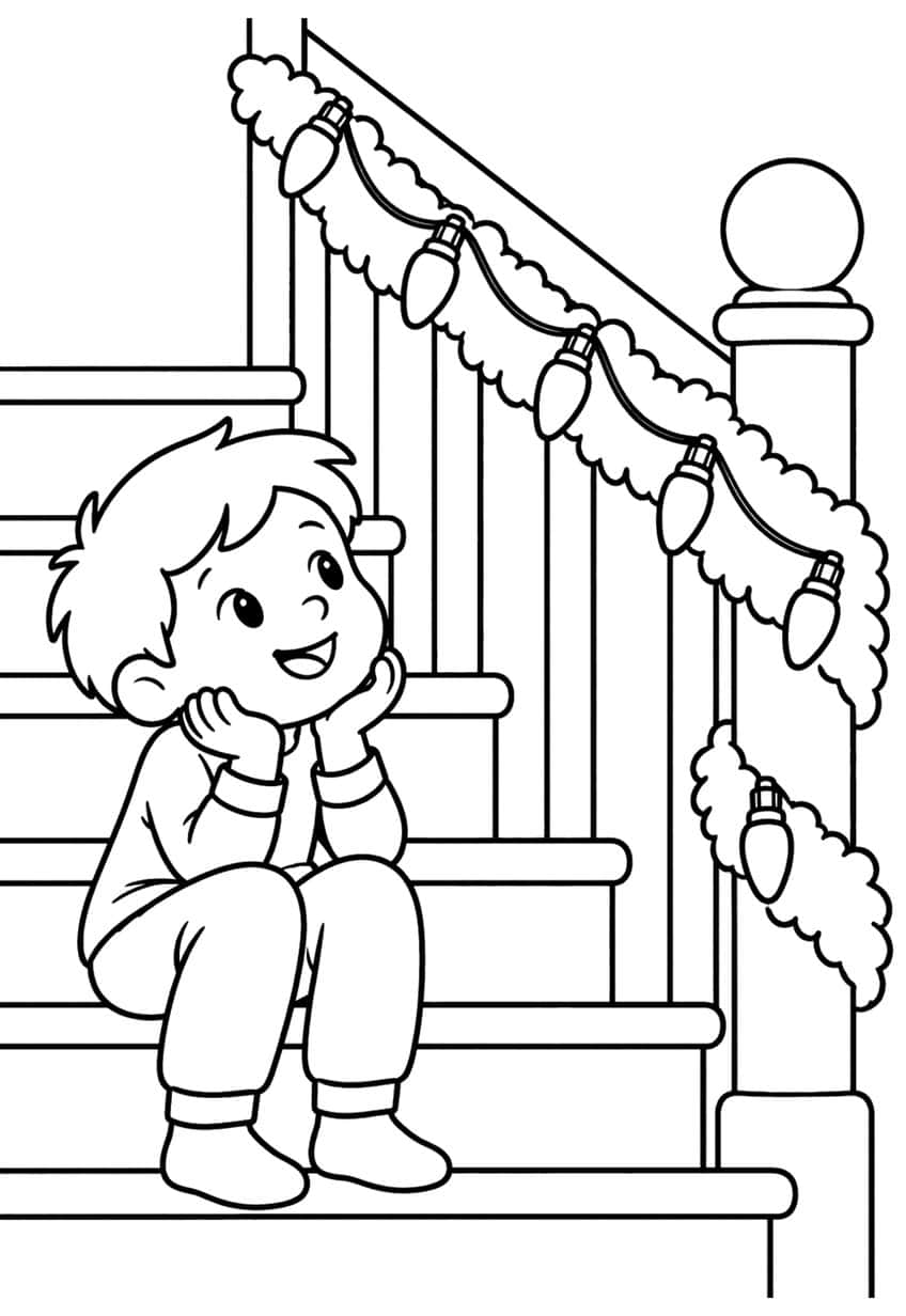 Boy sitting on stairs beside a banister with a garland and six Christmas bulbs