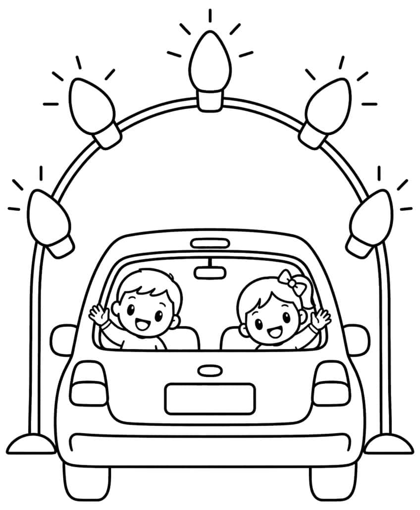 Small car seen from behind with two waving children driving under an arch of five big Christmas bulbs