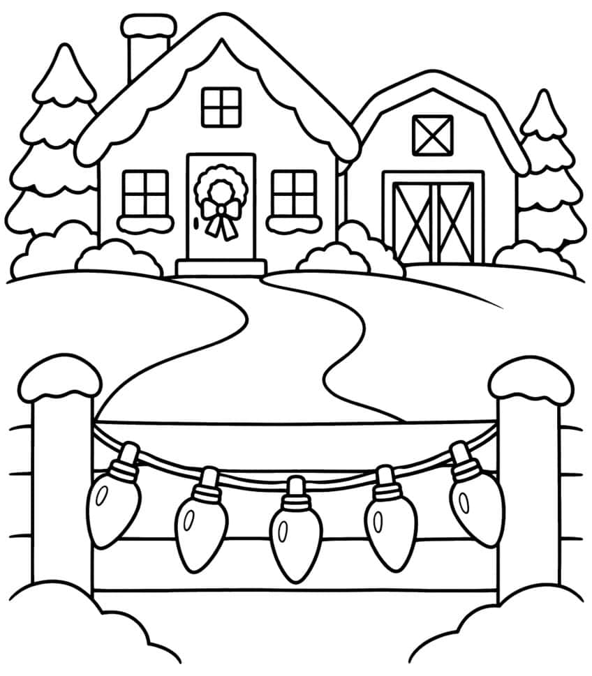 Farmhouse, barn, fir trees and winding lane behind a fence hung with five Christmas bulbs
