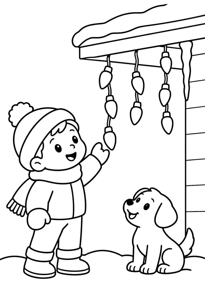 Boy in pom-pom hat reaching for hanging bulb strands under a snowy roof, with a sitting puppy