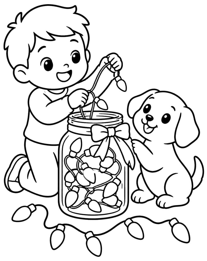 Smiling boy and puppy beside a glass jar of Christmas light bulbs with a bow