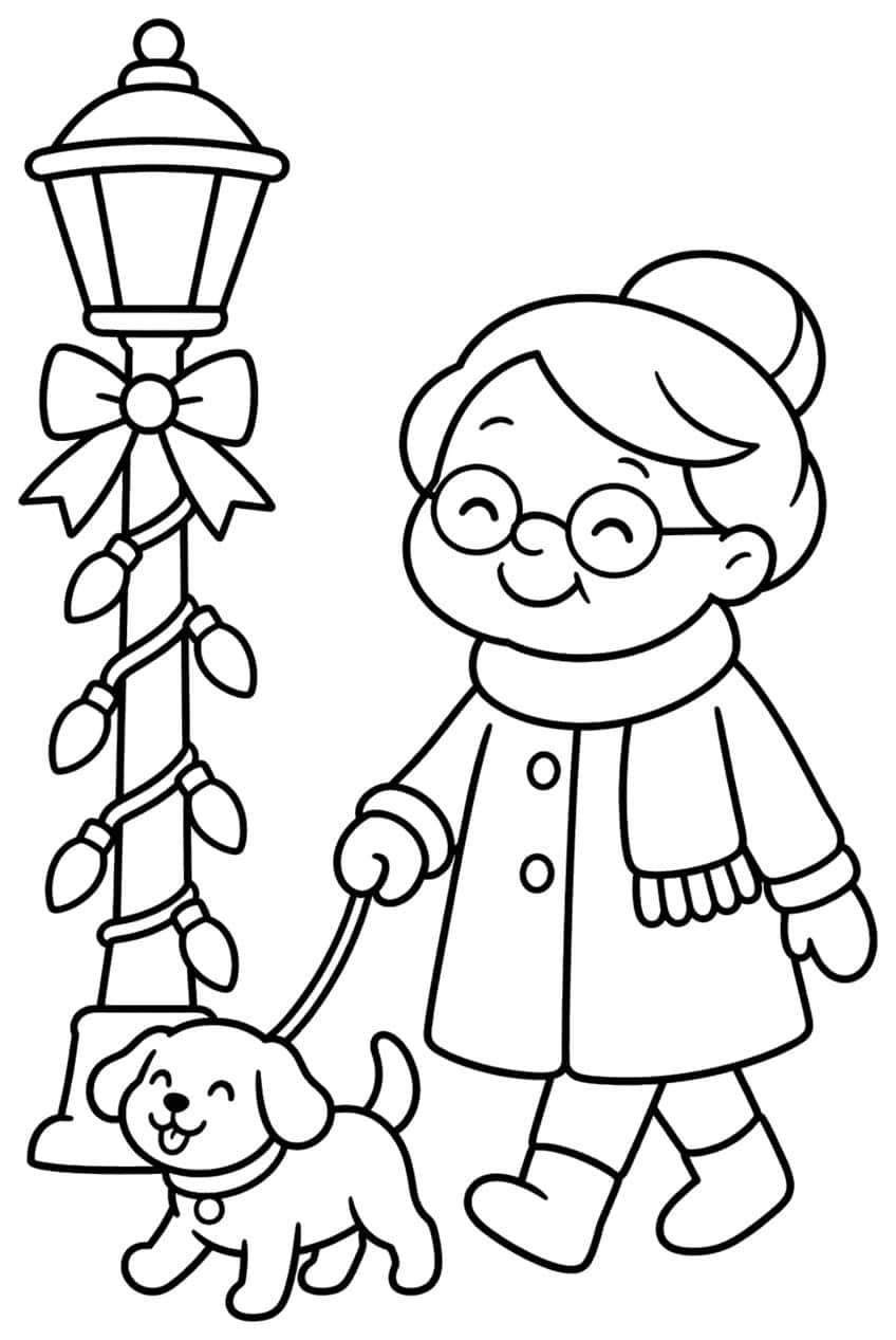 Smiling grandmother in glasses walking a puppy on a leash beside a lamp post with a bow and light bulbs